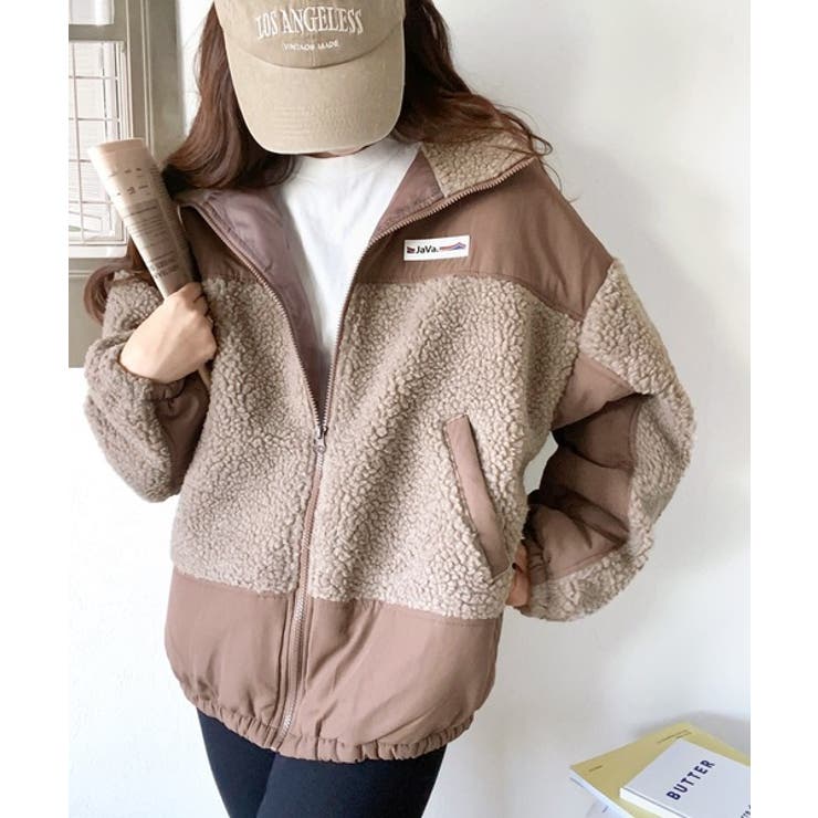 Javaジャバコラボ》異素材の組み合わせがお洒落見え。切替ボアブルゾン