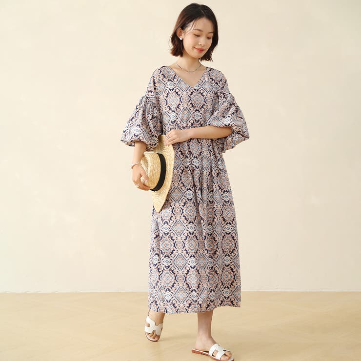 ワンピース 半袖 ロングワンピ エスニック フレアワンピース[品番