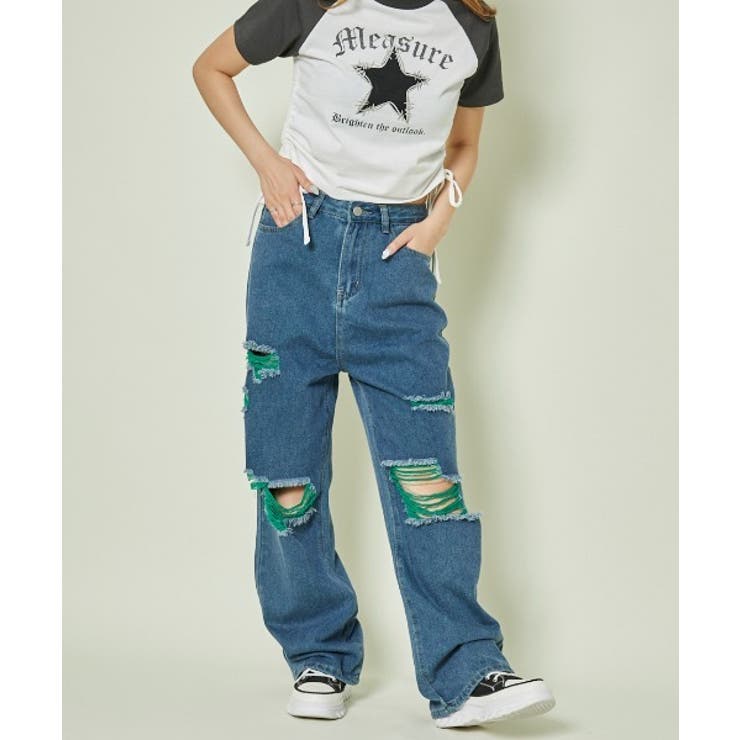 カラーダメージ×映えクラッシュ》Y2Kデニムパンツ[品番：GORW0010221
