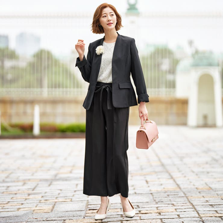 4点セット】〈ワイドパンツ〉ノーカラージャケットパンツスーツ
