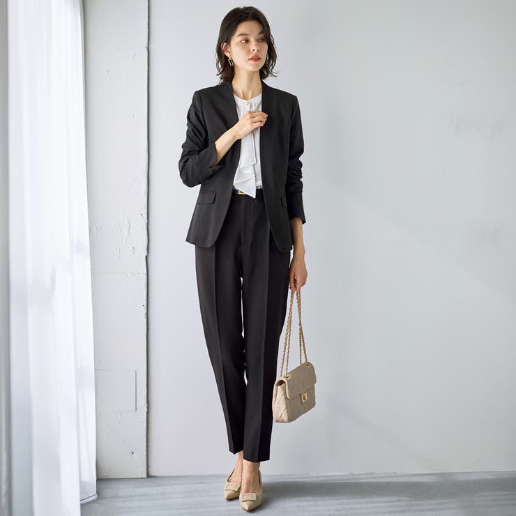 2点セット】洗えるノーカラージャケットパンツスーツセットアップ