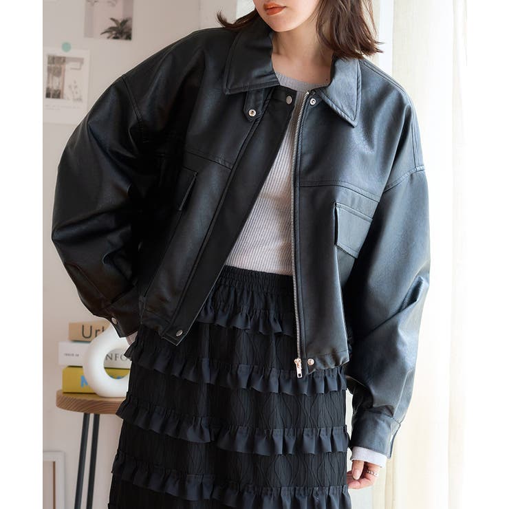 2WAY 襟付きフェイクレザージャケット フェイクレザー[品番