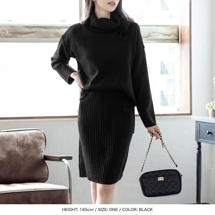タートルネック前後差ニットトップス+ミディ丈スカートセットアップ