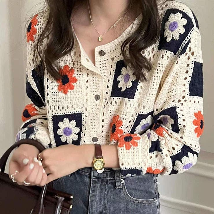 SHOPLIST限定】花柄クロシェ編みカーディガン トップス ニットカーデ