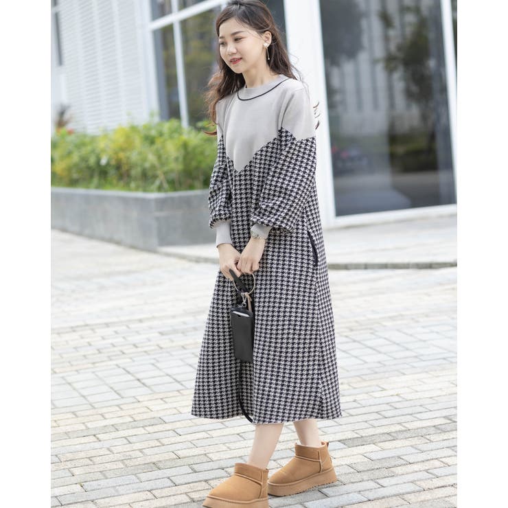 千鳥柄 ニットワンピースロング[品番：LVLW0000342]｜Frenchic