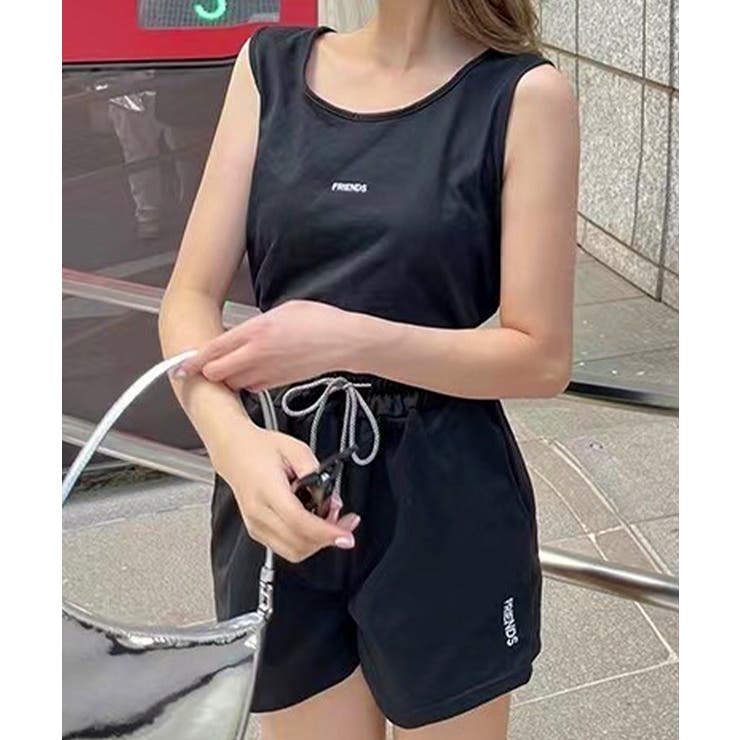 2点セット] タンクトップ＆ショートパンツセットアップ ロゴプリント
