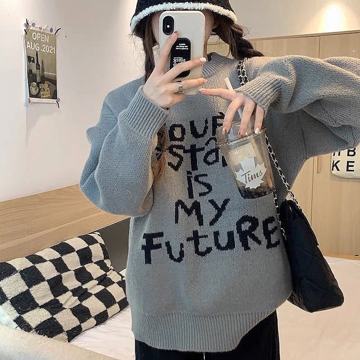 メッセージロゴもちもちニットトップス 秋 冬[品番：SHNW0008361