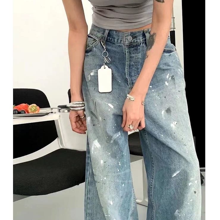 ペイント加工デニムワイドパンツ 春 夏[品番：SHNW0011384]｜SHEENA