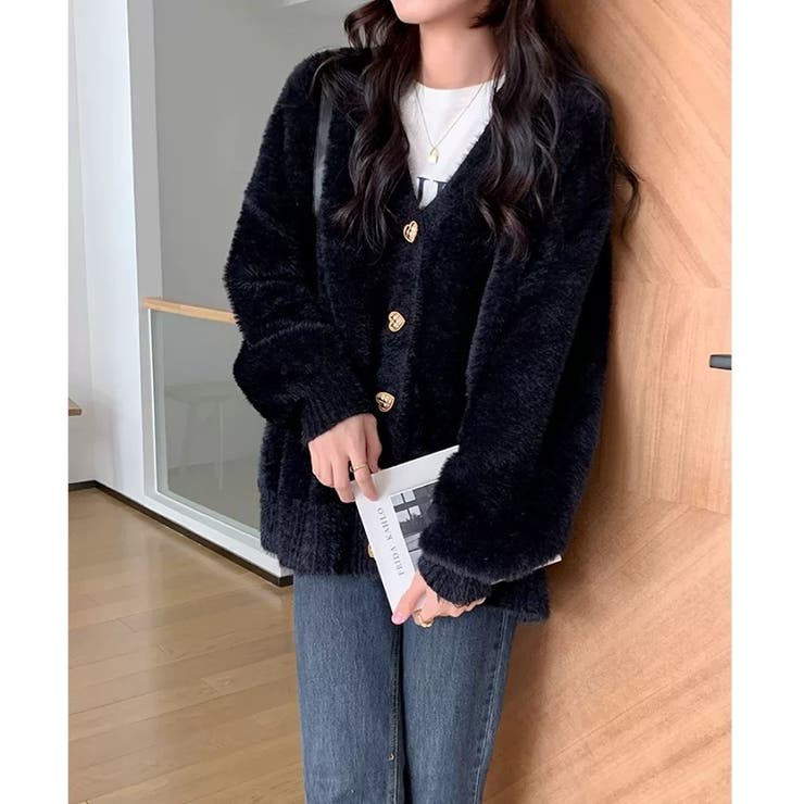 ハートボタンV開きシャギーカーディガン[品番：SHNW0010313]｜LADY