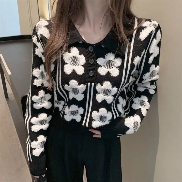 ポロ襟花柄ニットトップス 韓国ファッション 春[品番：SHNW0003735