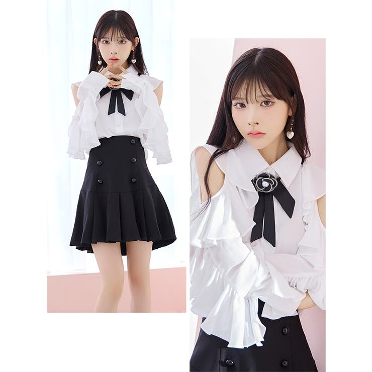 オープンショルダーフリルブラウス×プリーツスカートセットアップ 韓国
