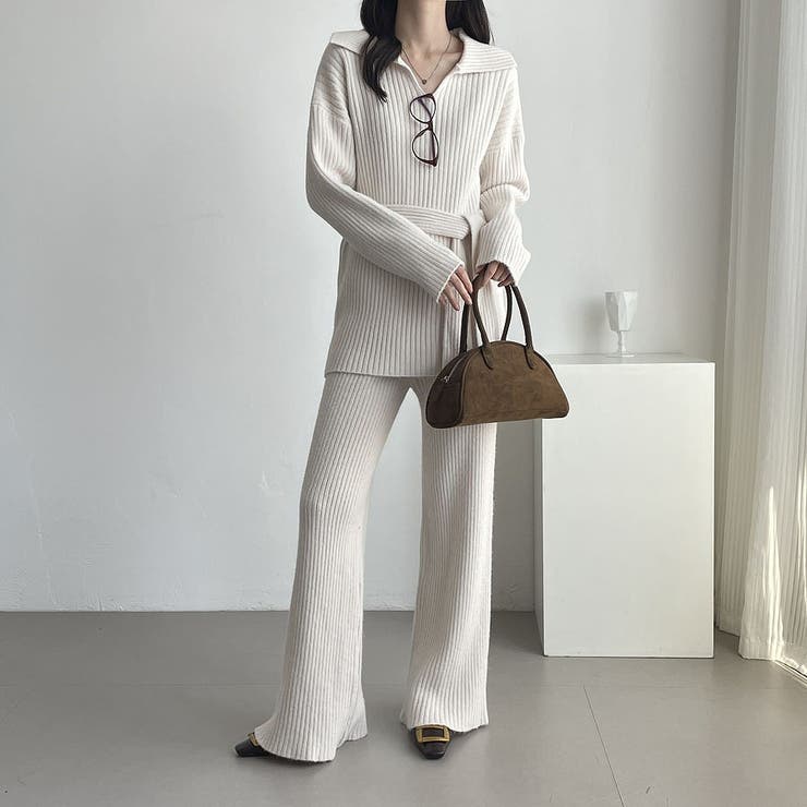 襟付きVネックセーターニットパンツセットアップ[品番：NTRW0011313