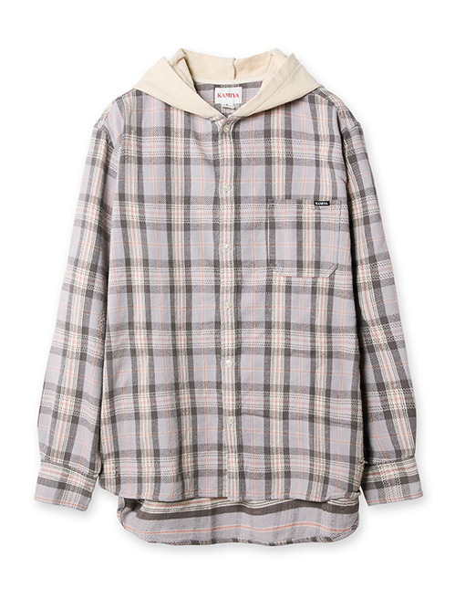 カミヤ - KAMIYA | Distressed Check Shirt Hoodie-Gray-Sの通販
