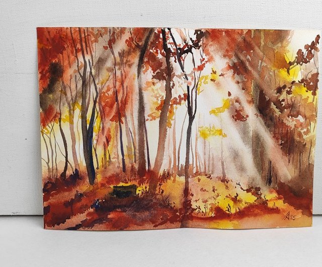 送料無料】ロシア 秋の森の風景画 オリジナル水彩画 19.5 x 27 cm