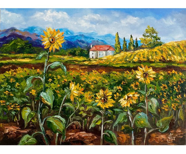 ロシア ひまわり畑オリジナル油絵風景画イタリア絵画 Soulart - Pinkoi