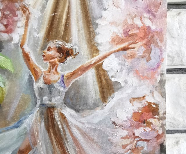 スロベニア ル・バレエ。繊細な油絵。牡丹の中のバレリーナ。 Annet