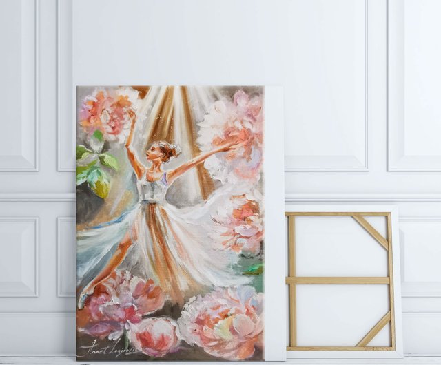 スロベニア ル・バレエ。繊細な油絵。牡丹の中のバレリーナ。 Annet