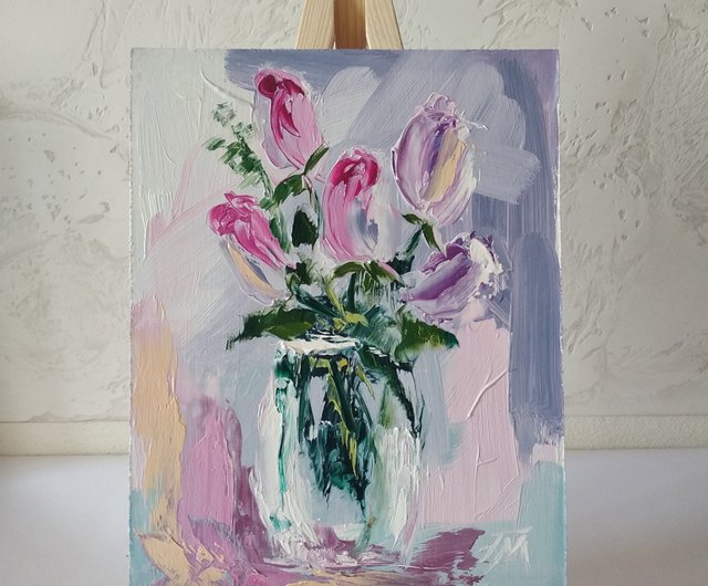 ウクライナ 花の抽象絵画。チューリップの絵。オリジナルアート