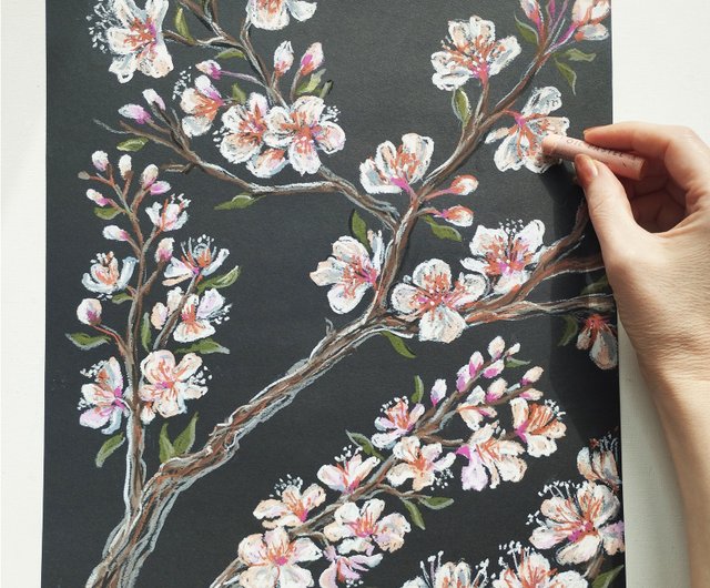 ロシア 桜の花の絵、花、アート、絵画、オイルパステル、枝