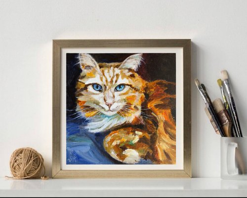 送料無料】ロシア オレンジ色の猫のオリジナル油絵キャンバス壁アート