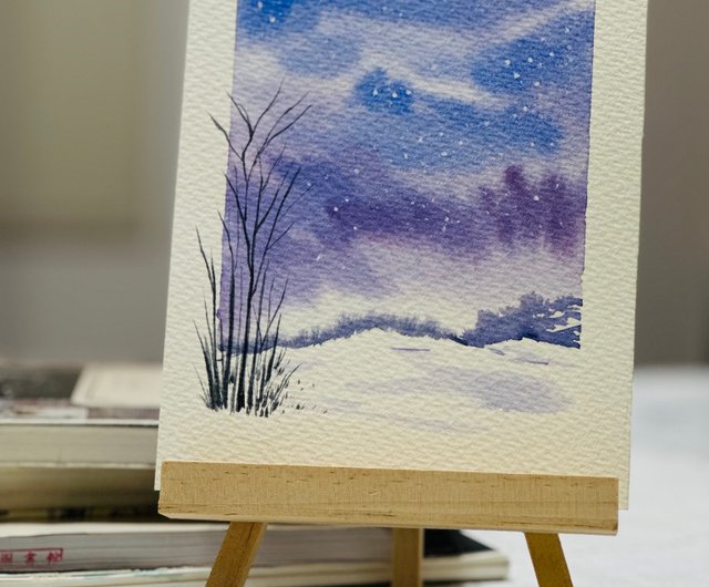 台湾 【青紫のオーロラ】水彩画／カード／掛け絵／風景画／癒やしの絵