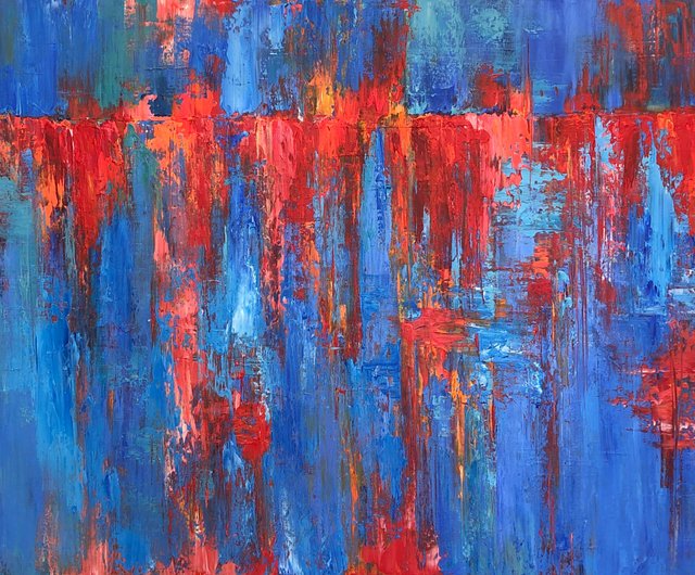 スペイン 大胆な赤と青の色調で描かれたダイナミックな抽象表現主義の