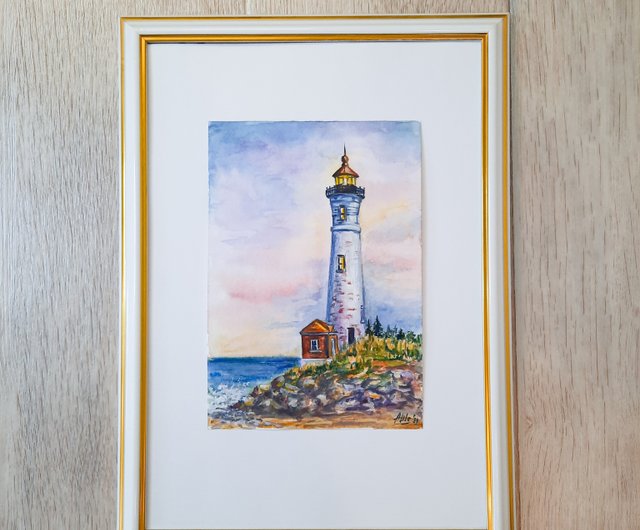 ロシア 灯台の絵 オリジナル水彩画 夕焼け空アート 海景アート AsheArt