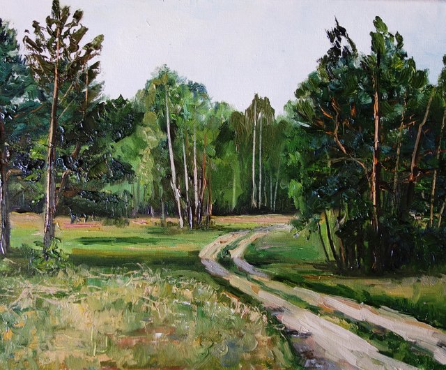 ロシア 白樺の木油絵オリジナルアートポプラの木アートワーク森林風景