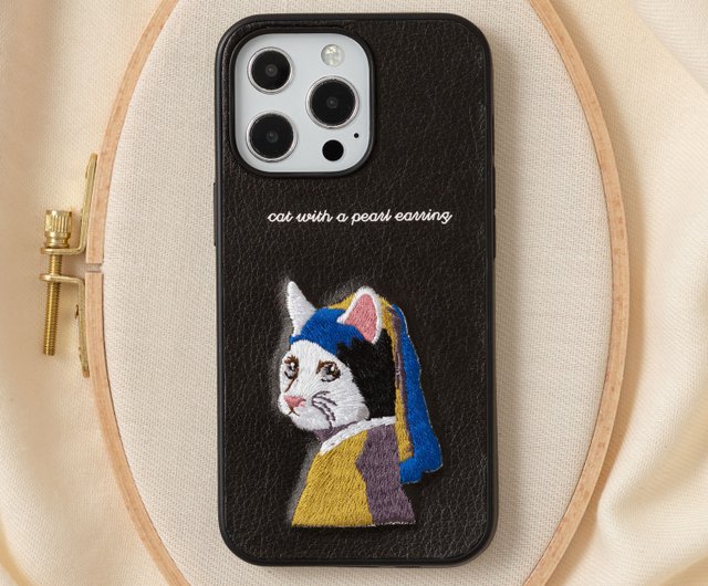 立体刺繍スマホケース iPhone 13 PRO PUレザー アートxブラック