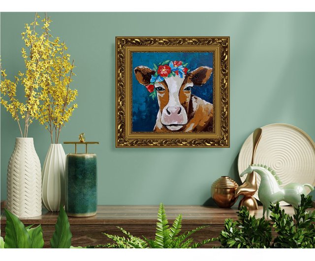 送料無料】ロシア 牛の絵画 農場の動物 オリジナルアート 小さな油絵