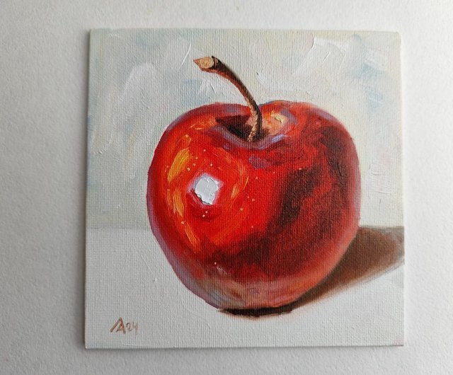 ロシア 赤いリンゴの絵オリジナル オイル アート静物画 15 x 15 cm