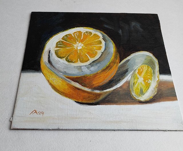 ロシア レモンの絵 オリジナル オイル アート 静物画 20 x 20 cm