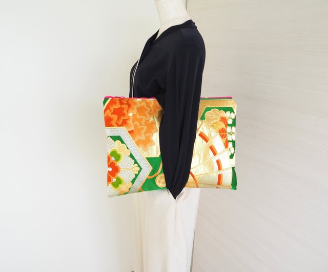 送料無料】【一点物】着物帯×帆布のパソコンケース クラッチバッグ 和