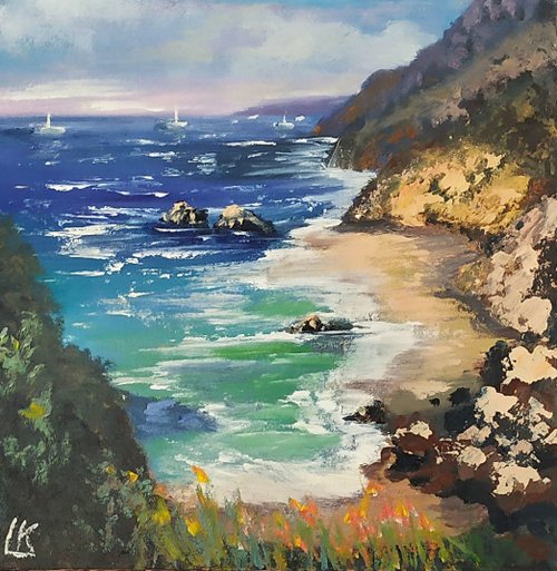 送料無料】ブルガリア パネルに描かれた海の油絵 ビーチの絵 岩の多い