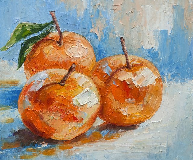 ロシア みかんオリジナル油絵、オレンジフルーツ静物画キッチンアート