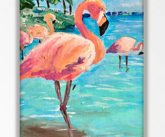 ロシア 鳥の絵、ピンク フラミンゴ オリジナル額入り絵画 20x25 センチ