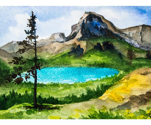 ロシア 山 湖 水彩画 松 木 原画 緑ブラウン風景 Nadya Ya Art - Pinkoi