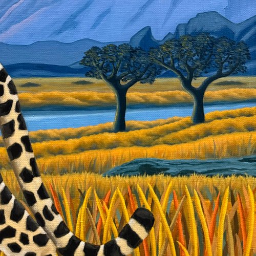 ロシア 三日月、油絵、キャンバスに油彩、ヒョウの動物、風景の象徴