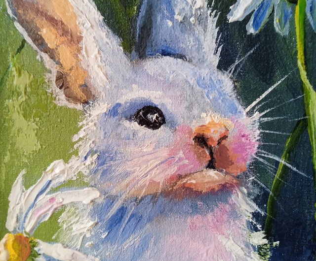 ウクライナ 油絵。ウサギとお絵描き。油絵動物・ミニチュアアート