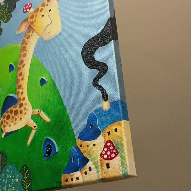 送料無料】台湾 キリンのフレームレス絵画/アクリル絵の具で手描き