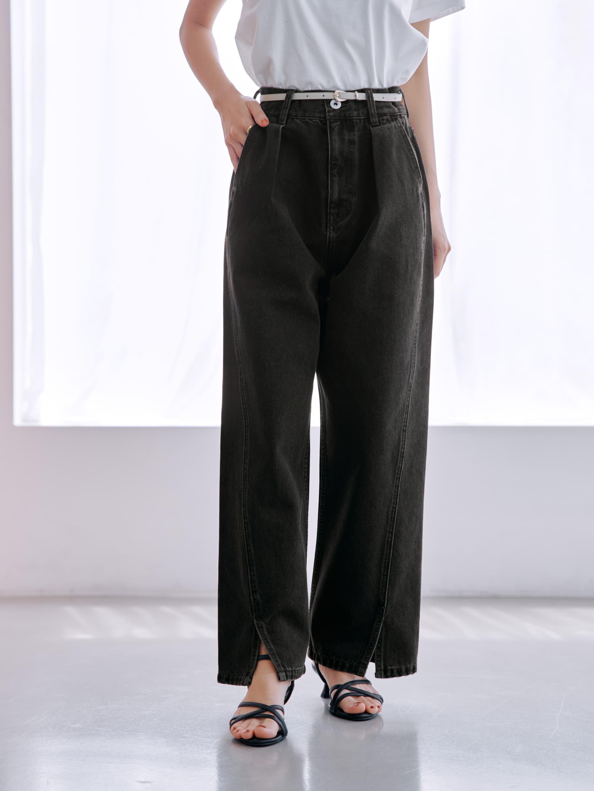 タックデザインハイウエストデニムパンツ-short & regular | 小柄・低