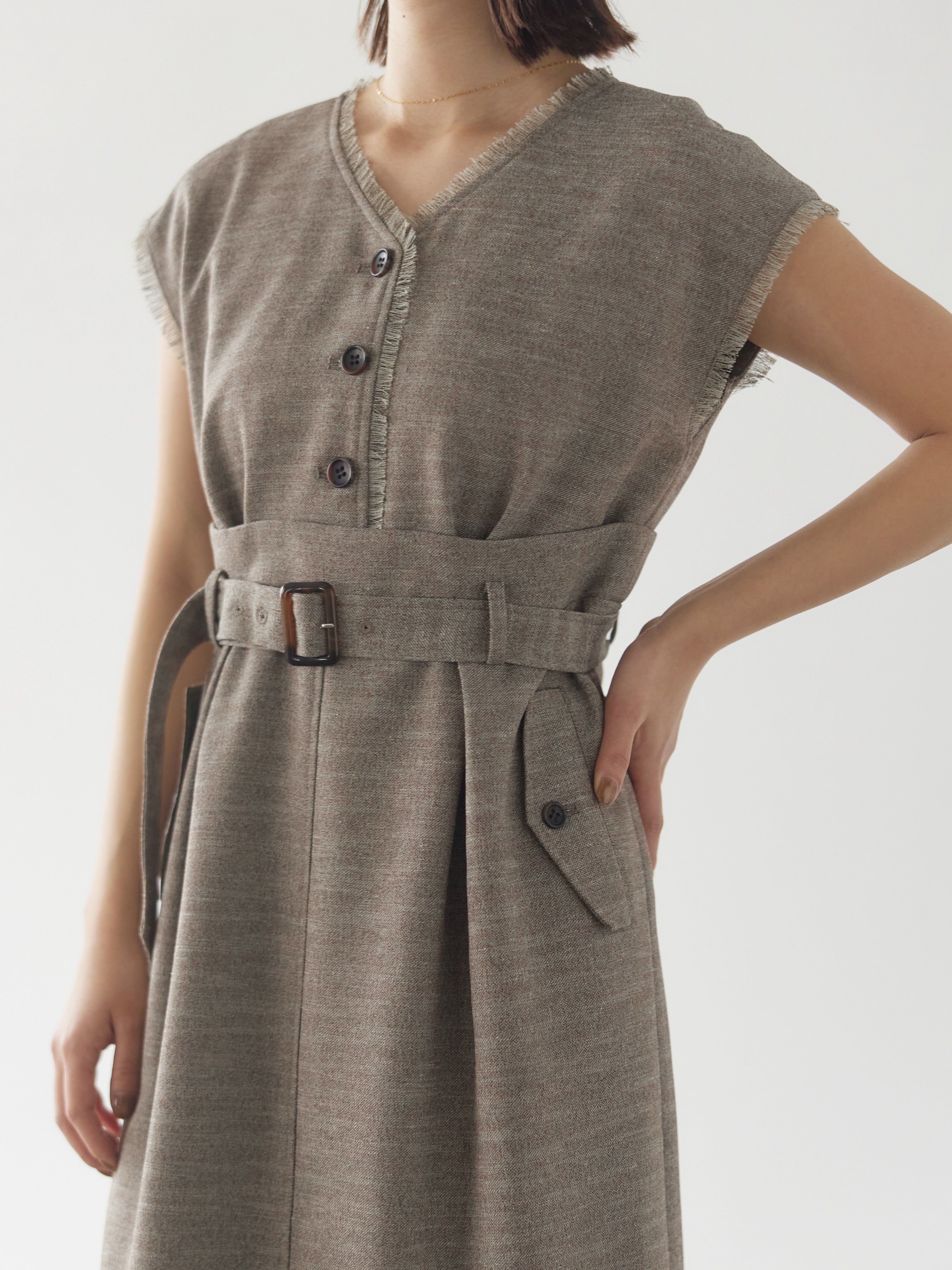 リネンライクツイードIラインワンピース | 小柄・低身長女性向け