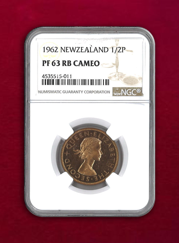 ニュージーランド】1/2ペニー 青銅貨 1962 NGC PF63 RB CAMEO［C