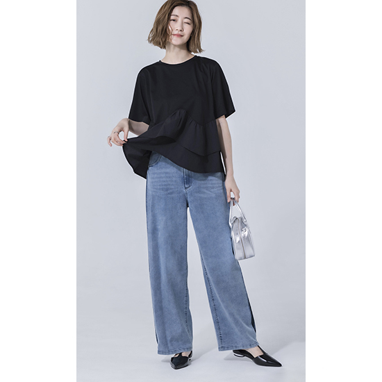 BLUE FRONCE]【ウォッシャブル】サイドプリーツカーブデニムパンツ