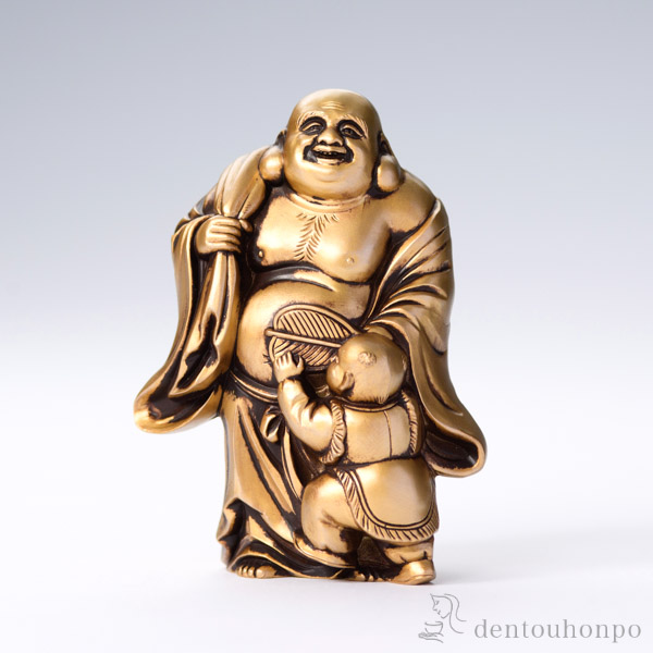七福神 布袋 シルキーゴールド / 恵比寿 大黒 宝船 置物 幸運 高岡銅器