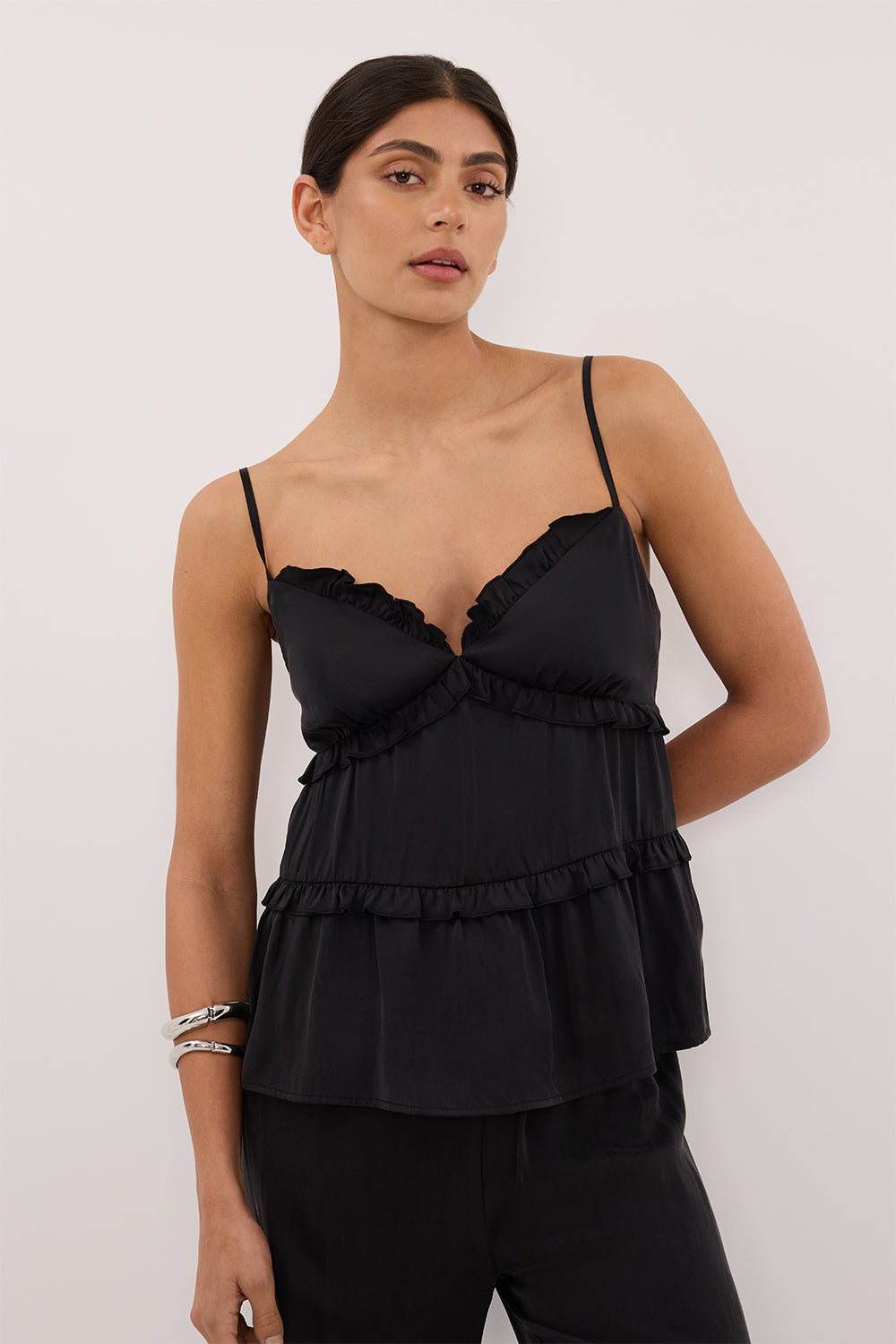 LENA BLACK SILK FRILL TOP | Dissh