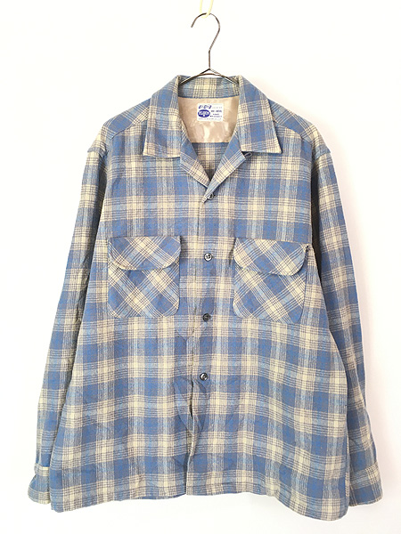 古着 60s Sears PILGRIM 好配色 ブルー チェック 開襟 ボックス ウール
