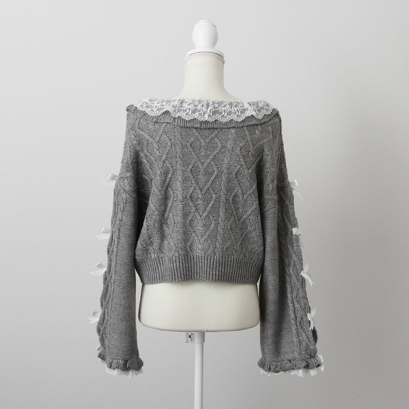 Vネック袖リボンレースビジューハートケーブルニット – レディース