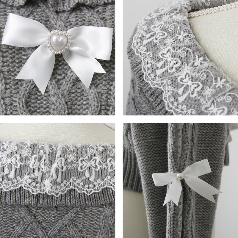 Vネック袖リボンレースビジューハートケーブルニット – レディース