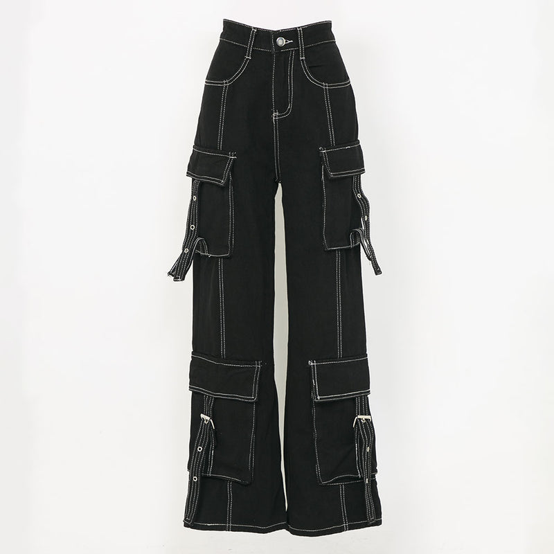 ステッチベルトポケットブラックデニムパンツ【大きいサイズ有